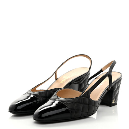Chanel Lambskin Patent Calfskin Quilted Cap Toe CC Slingback Pumps 41 Black 3 of 10