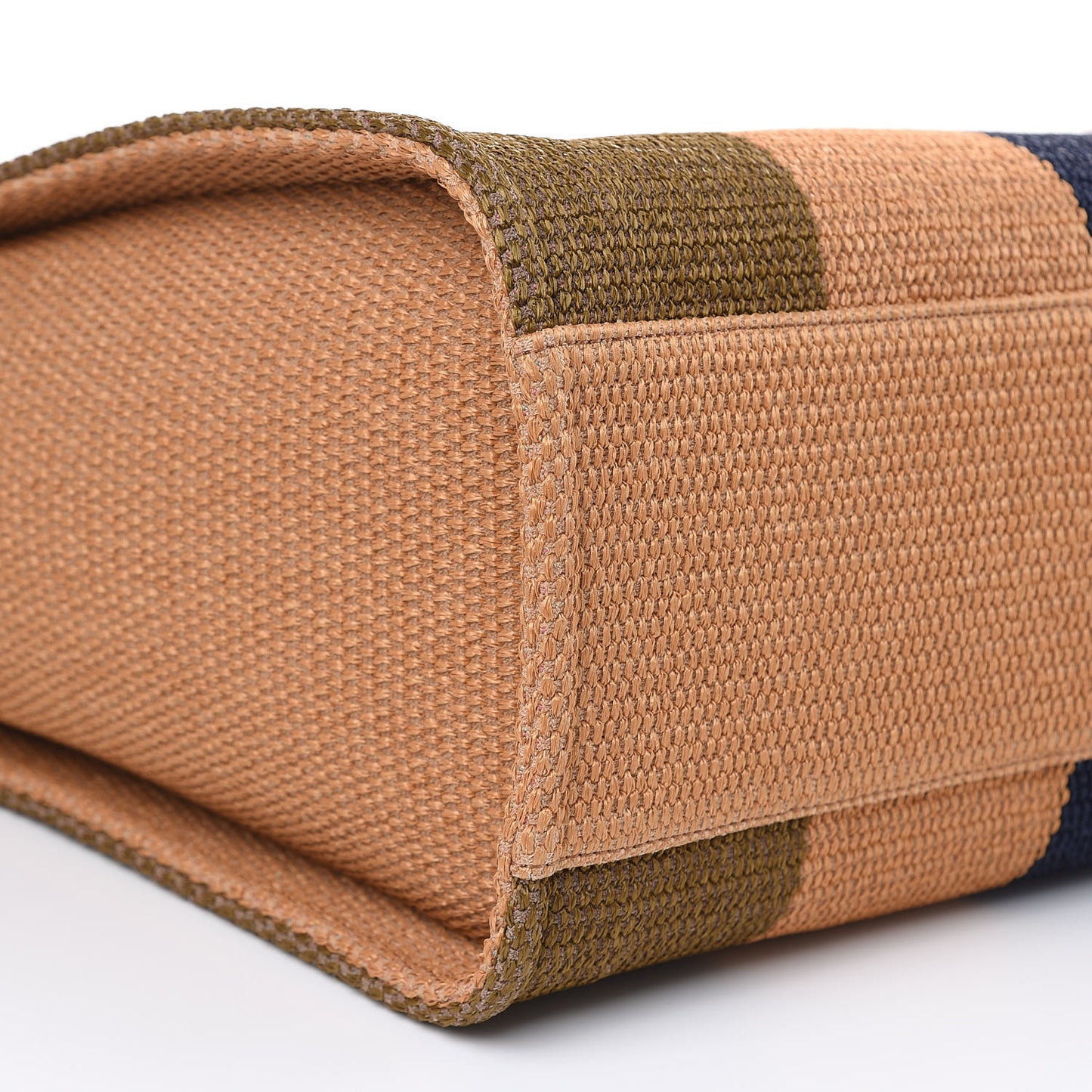 Straw Raffia Calfskin Striped Large Deauville Tote Khaki Beige Navy Blue