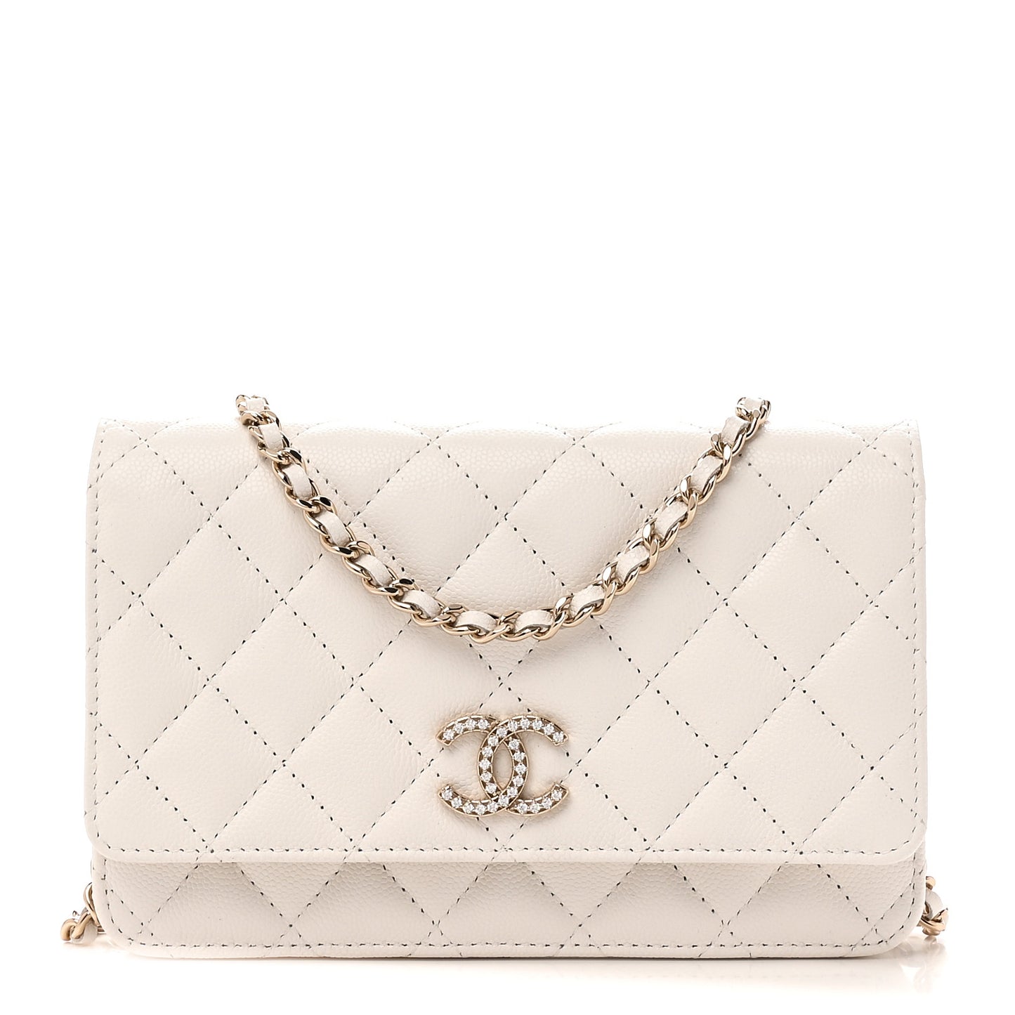 Caviar Quilted Crystal CC Wallet On Chain WOC White