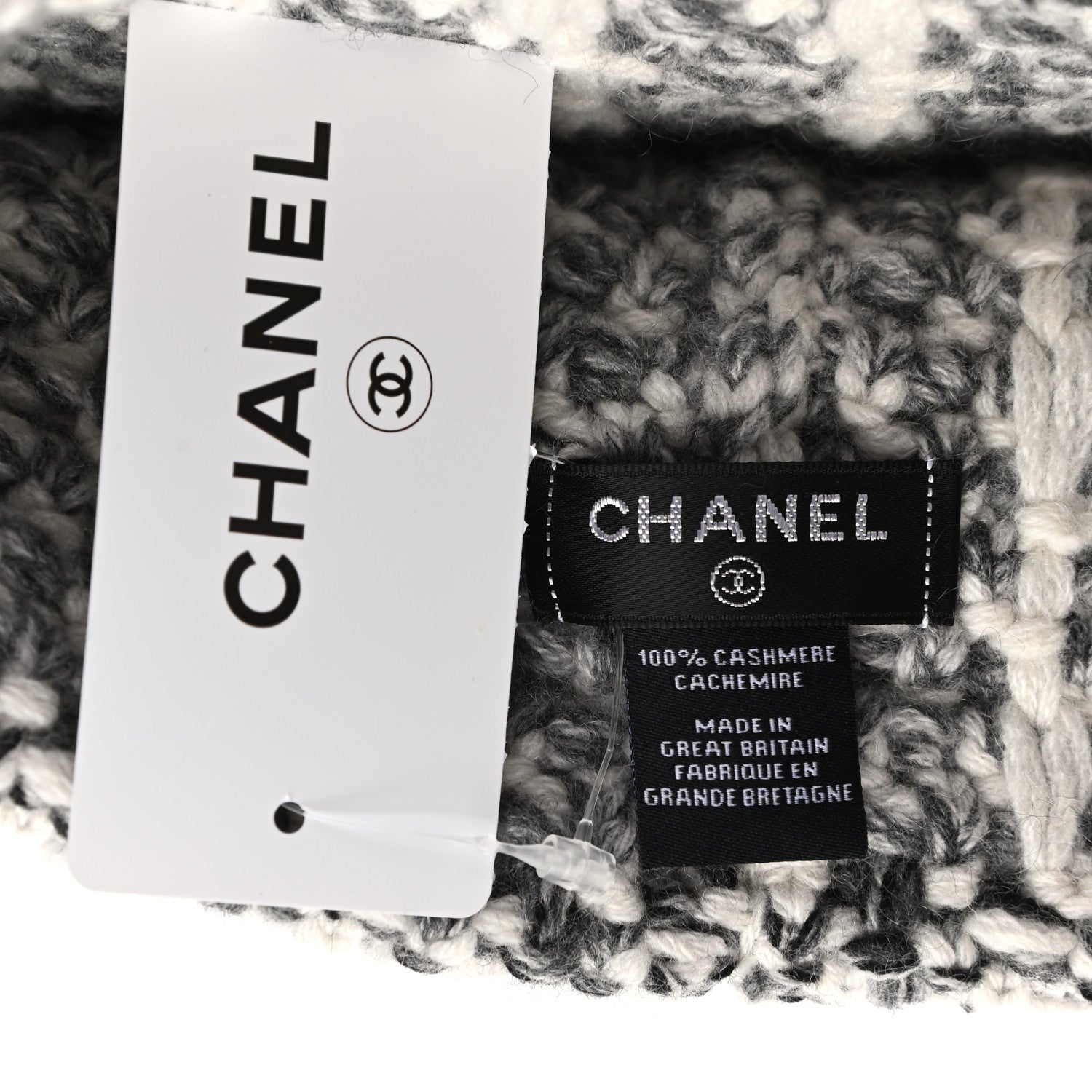 Chanel Cashmere Logo Beanie Hat Light Beige Black Grey 5 of 5