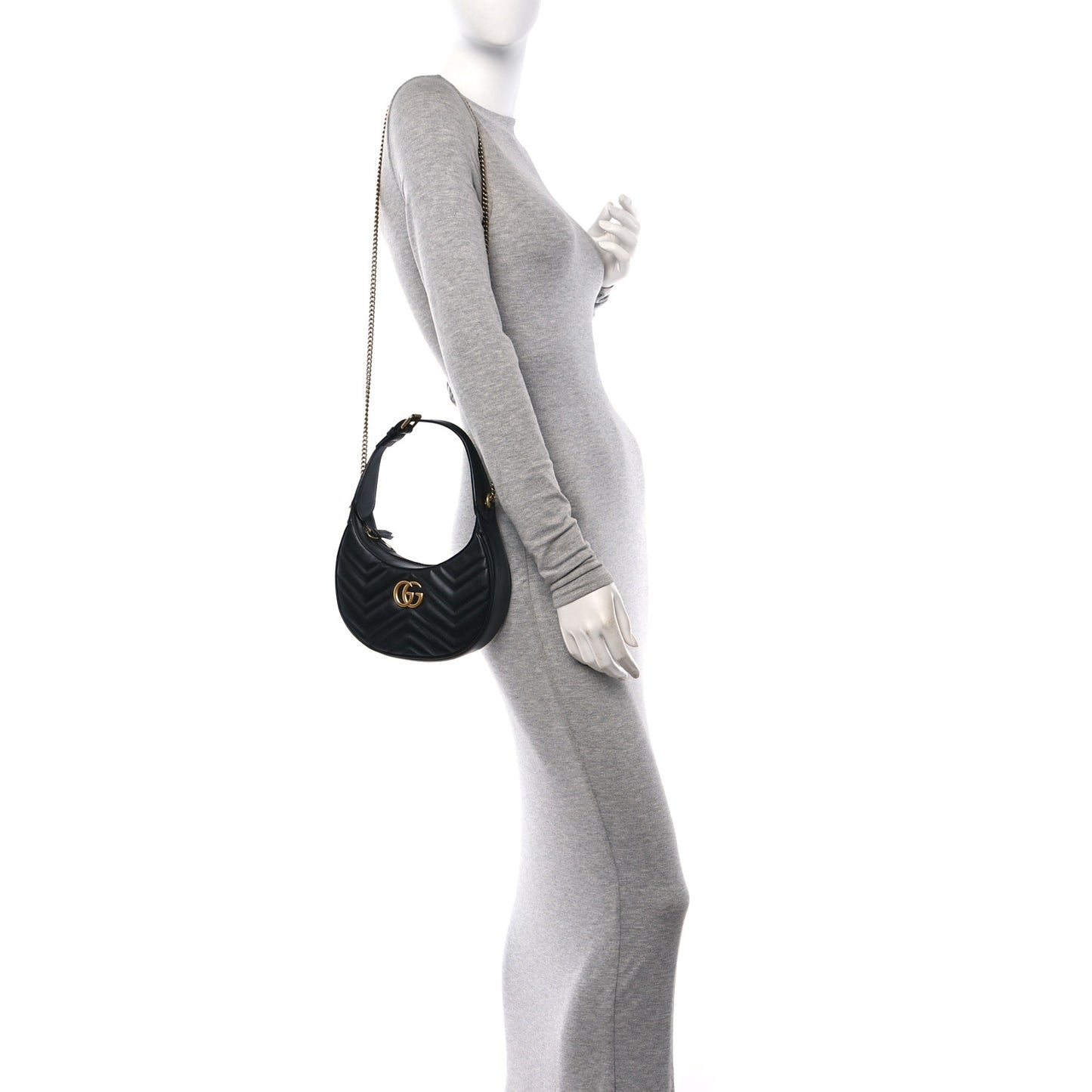 Calfskin Matelasse Chevron Mini GG Marmont Half Moon Hobo Black