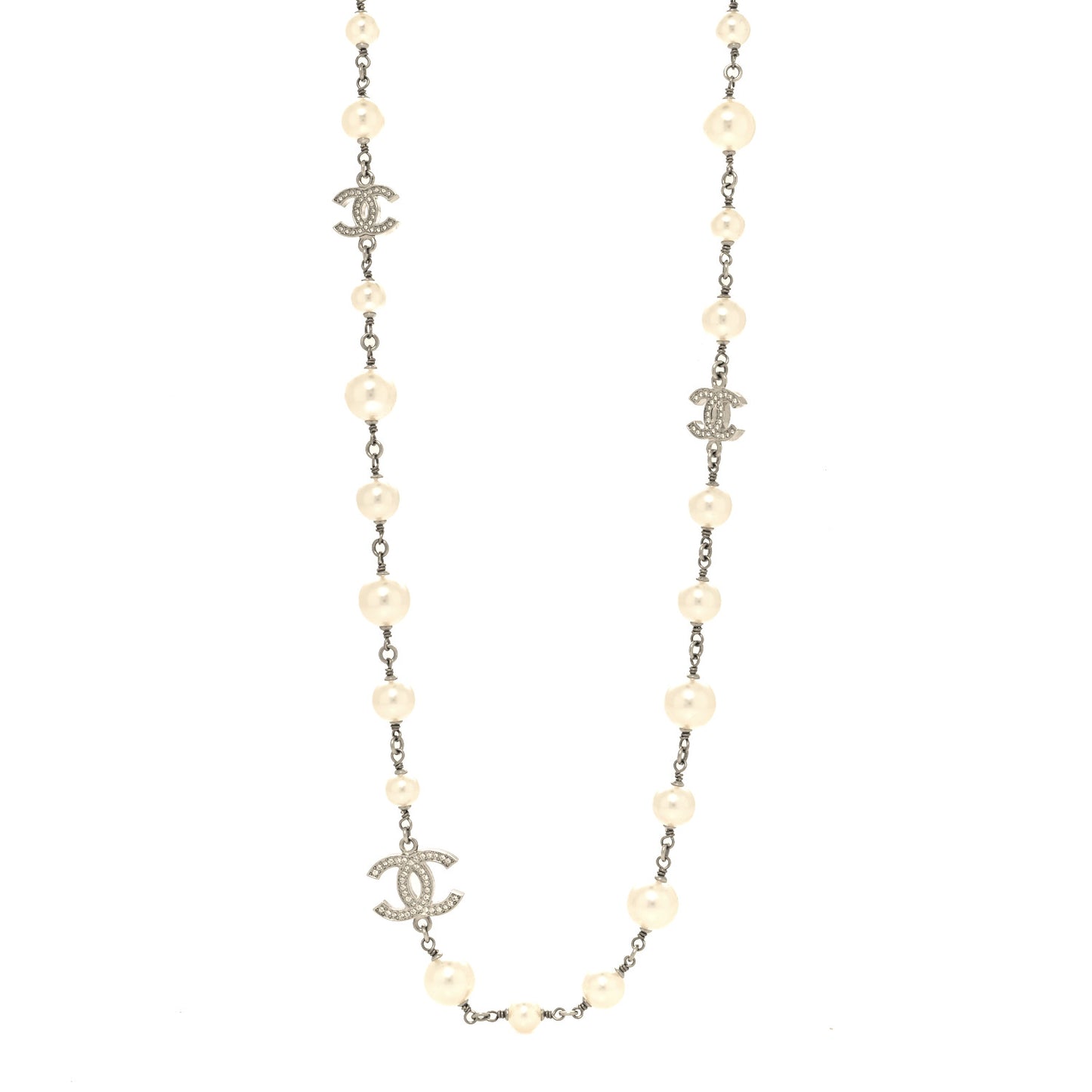 Crystal Pearl CC Long Necklace Silver