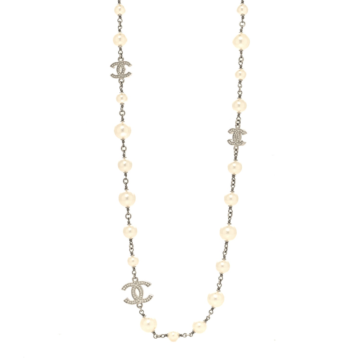 Chanel Crystal Pearl CC Long Necklace Silver 2 of 5