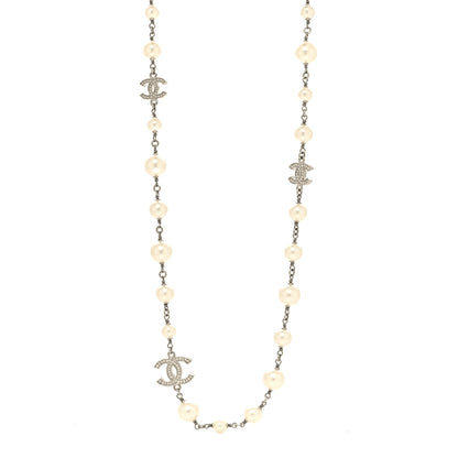 Chanel Crystal Pearl CC Long Necklace Silver 2 of 5