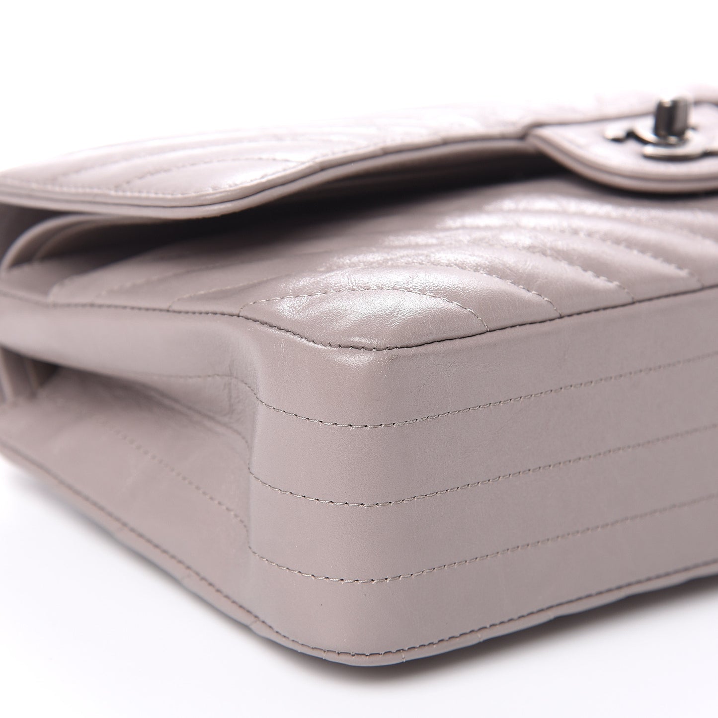 Iridescent Calfskin Chevron Quilted Medium Double Flap Grey