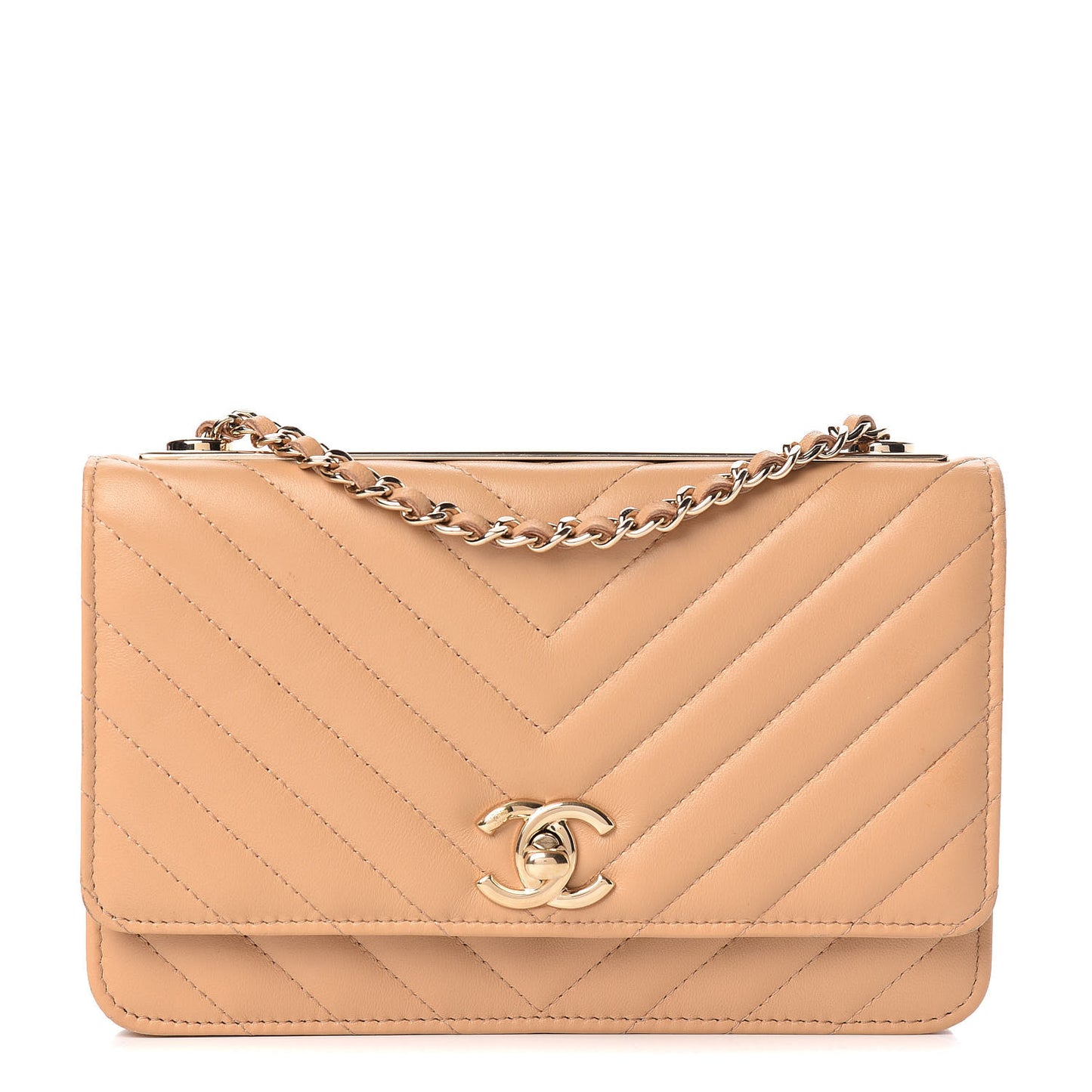 Lambskin Chevron Quilted Trendy CC Wallet On Chain WOC Beige