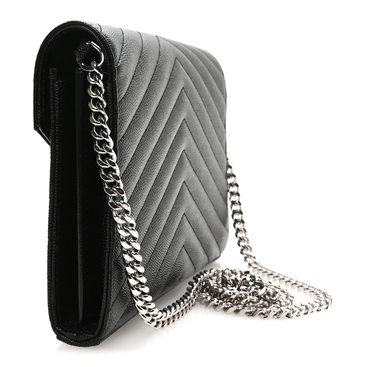 Saint Laurent Grain De Poudre Matelasse Chevron Monogram Chain Wallet Black 3 of 11