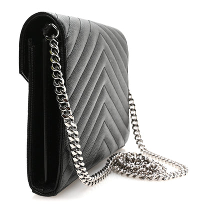 Saint Laurent Grain De Poudre Matelasse Chevron Monogram Chain Wallet Black 3 of 11