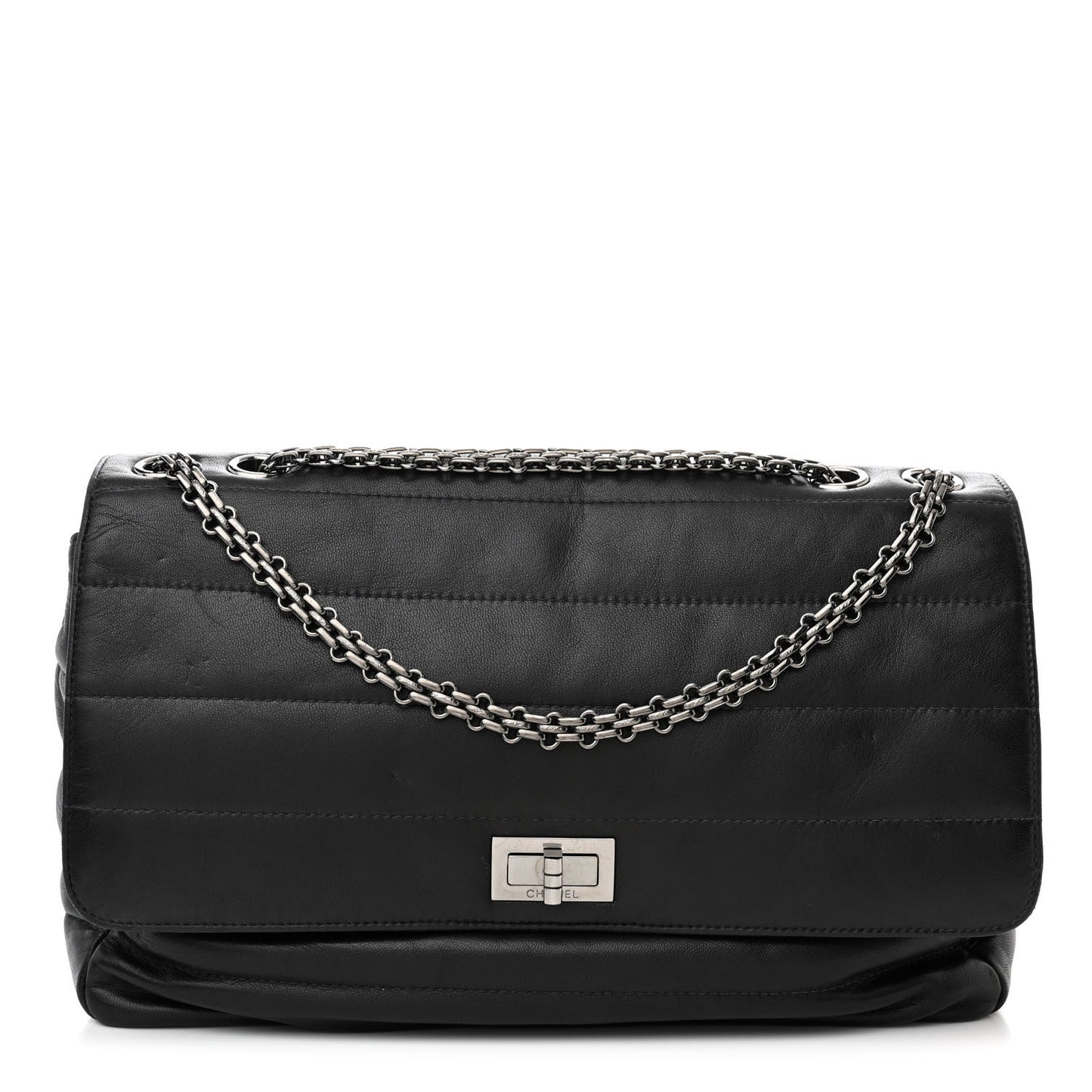 Lambskin Horizontal Quilt Jumbo Mademoiselle Flap Black