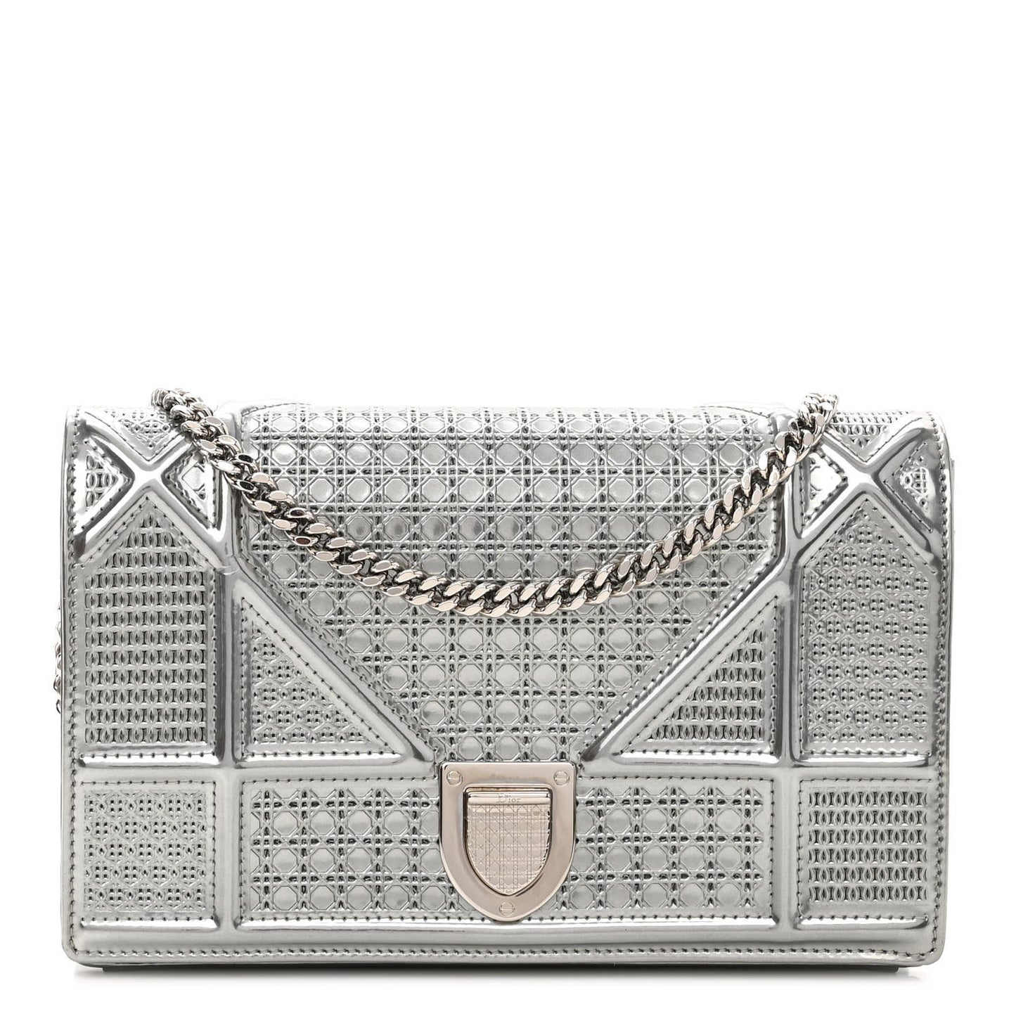 Metallic Patent Micro-Cannage Diorama Wallet on Chain Pouch Silver