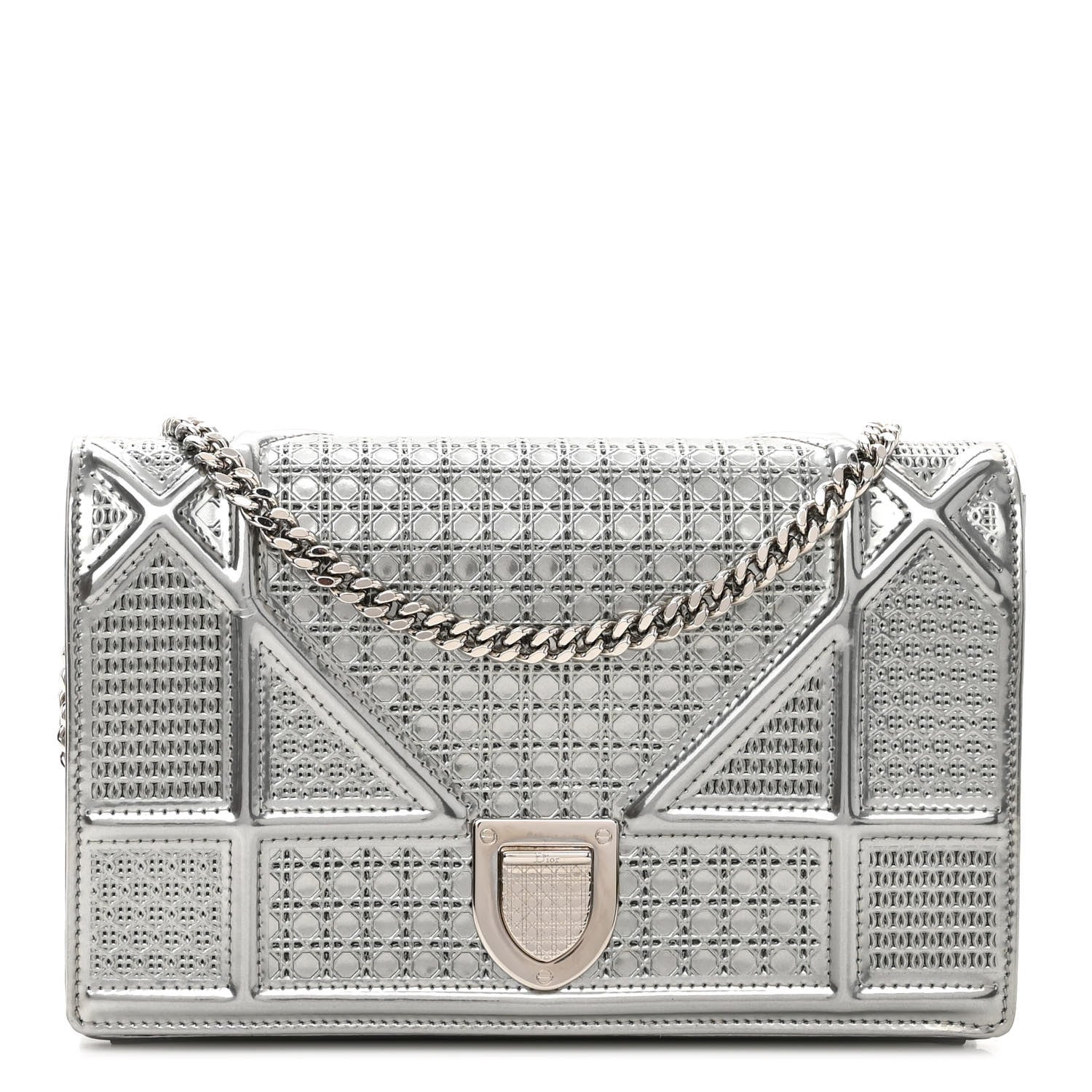 Christian Dior Metallic Patent Micro-Cannage Diorama Wallet on Chain Pouch Silver 1 of 8