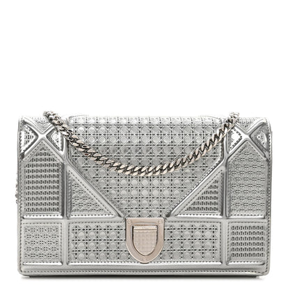 Christian Dior Metallic Patent Micro-Cannage Diorama Wallet on Chain Pouch Silver 1 of 8