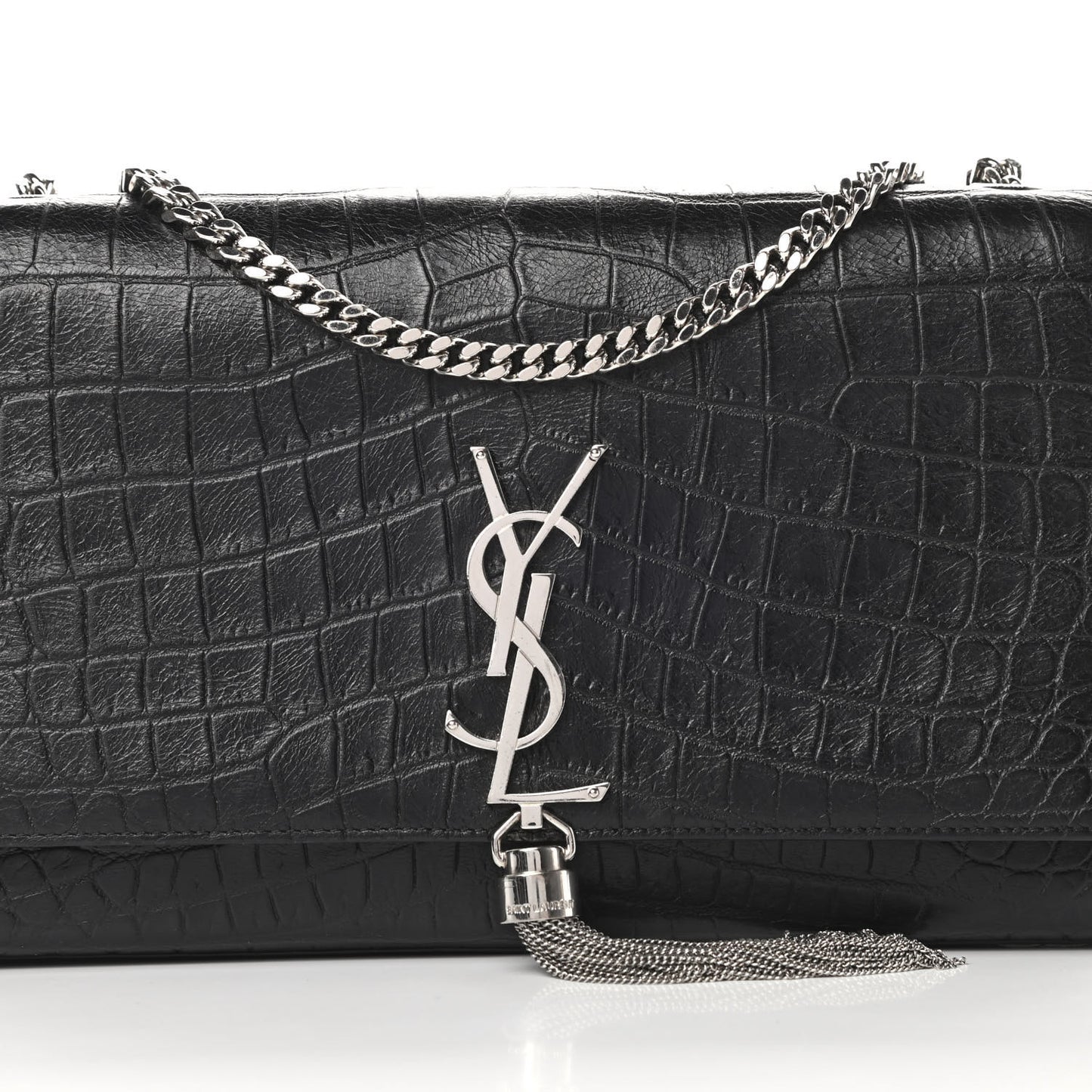 Calfskin Crocodile Embossed Medium Classic Monogram Kate Tassel Satchel Black