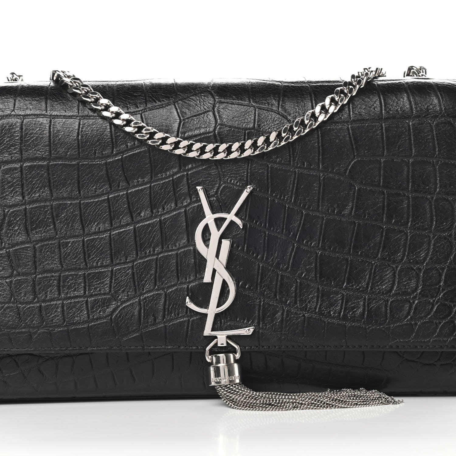 Saint Laurent Calfskin Crocodile Embossed Medium Classic Monogram Kate Tassel Satchel Black 8 of 14