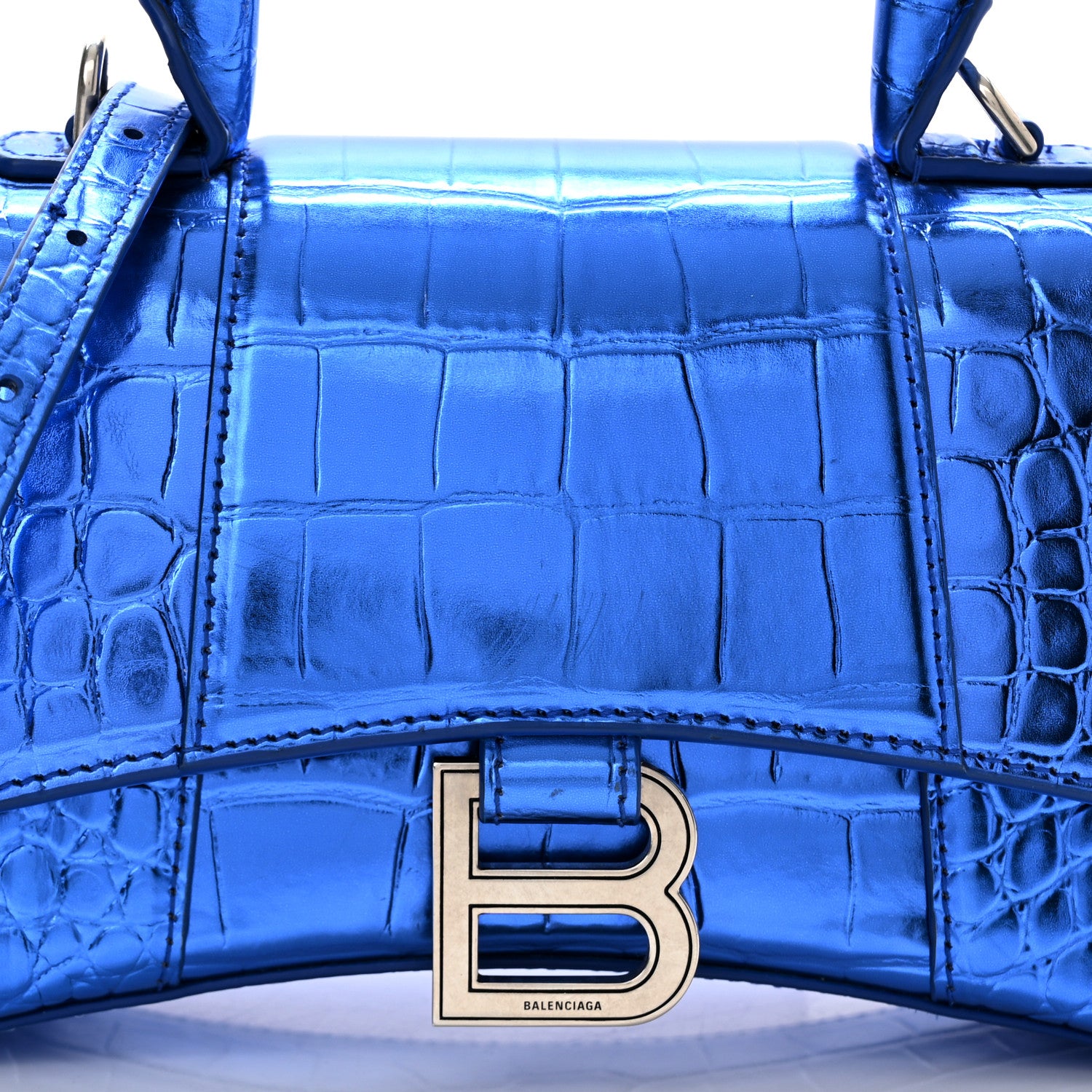 Balenciaga Metallic Shiny Calfskin Crocodile Embossed Hourglass Top Handle Bag XS Royal Blue 8 of 12