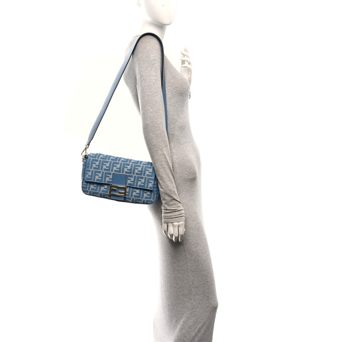 Fendi Denim Effect Fabric Jacquard FF Vitello Grace Mamma Baguette Blue 2 of 11
