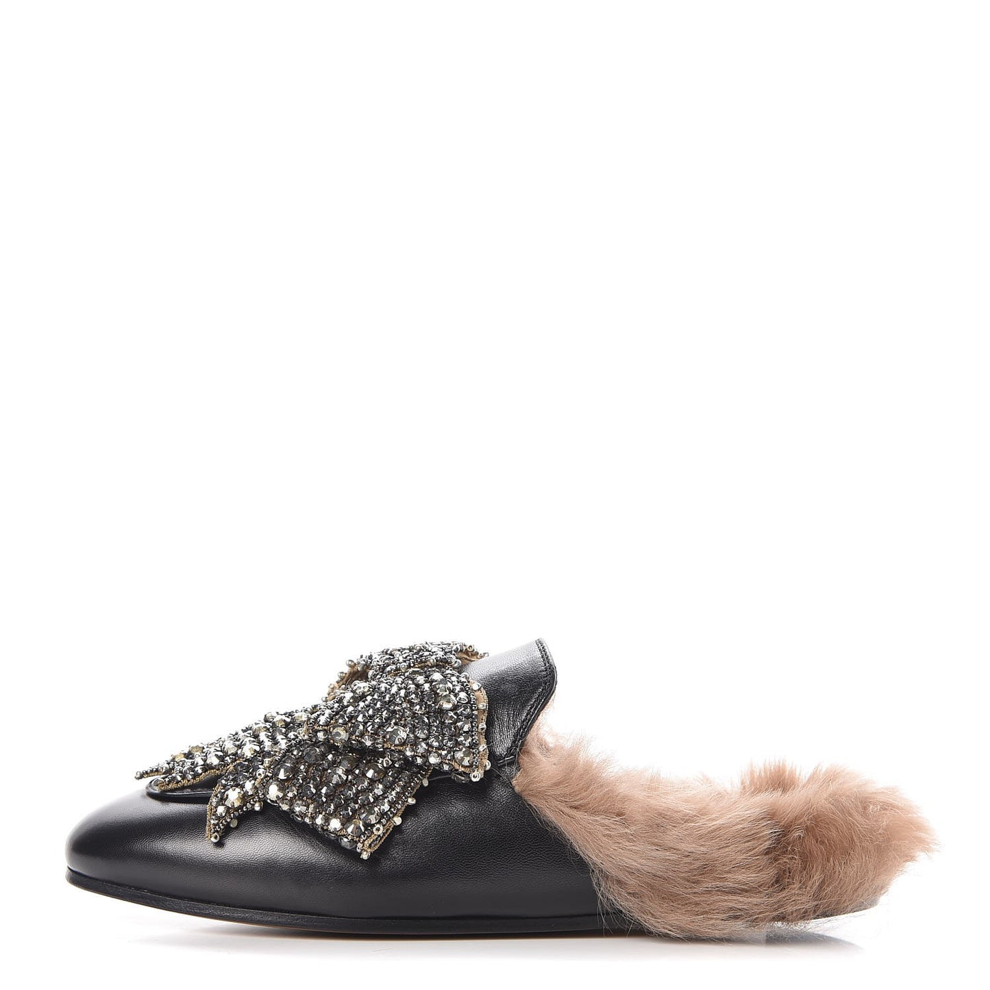 Malaga Kid Fur Crystal Bow Embroidered Womens Princetown Slippers 37 Black