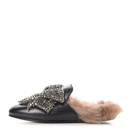 Gucci Malaga Kid Fur Crystal Bow Embroidered Womens Princetown Slippers 37 Black 1 of 12