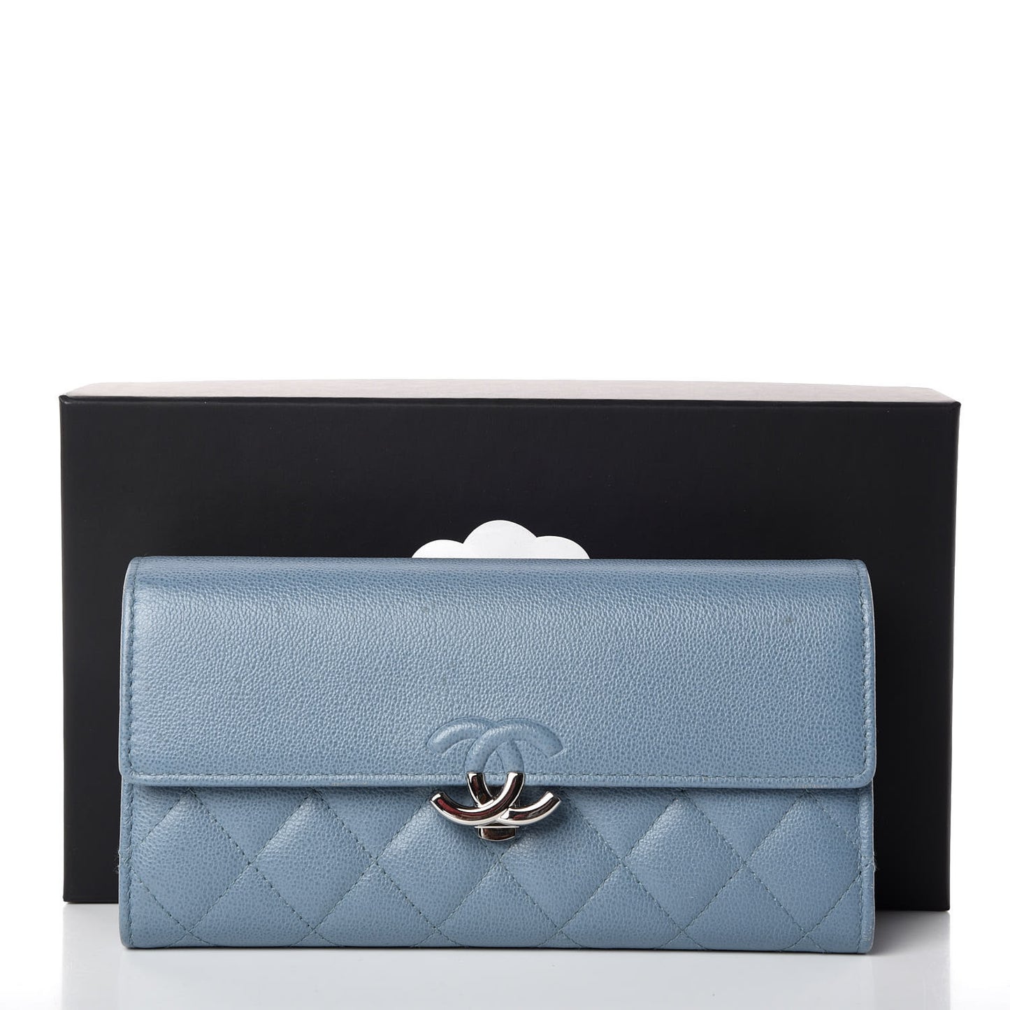 Grained Calfskin Quilted CC Box Flap Wallet Blue