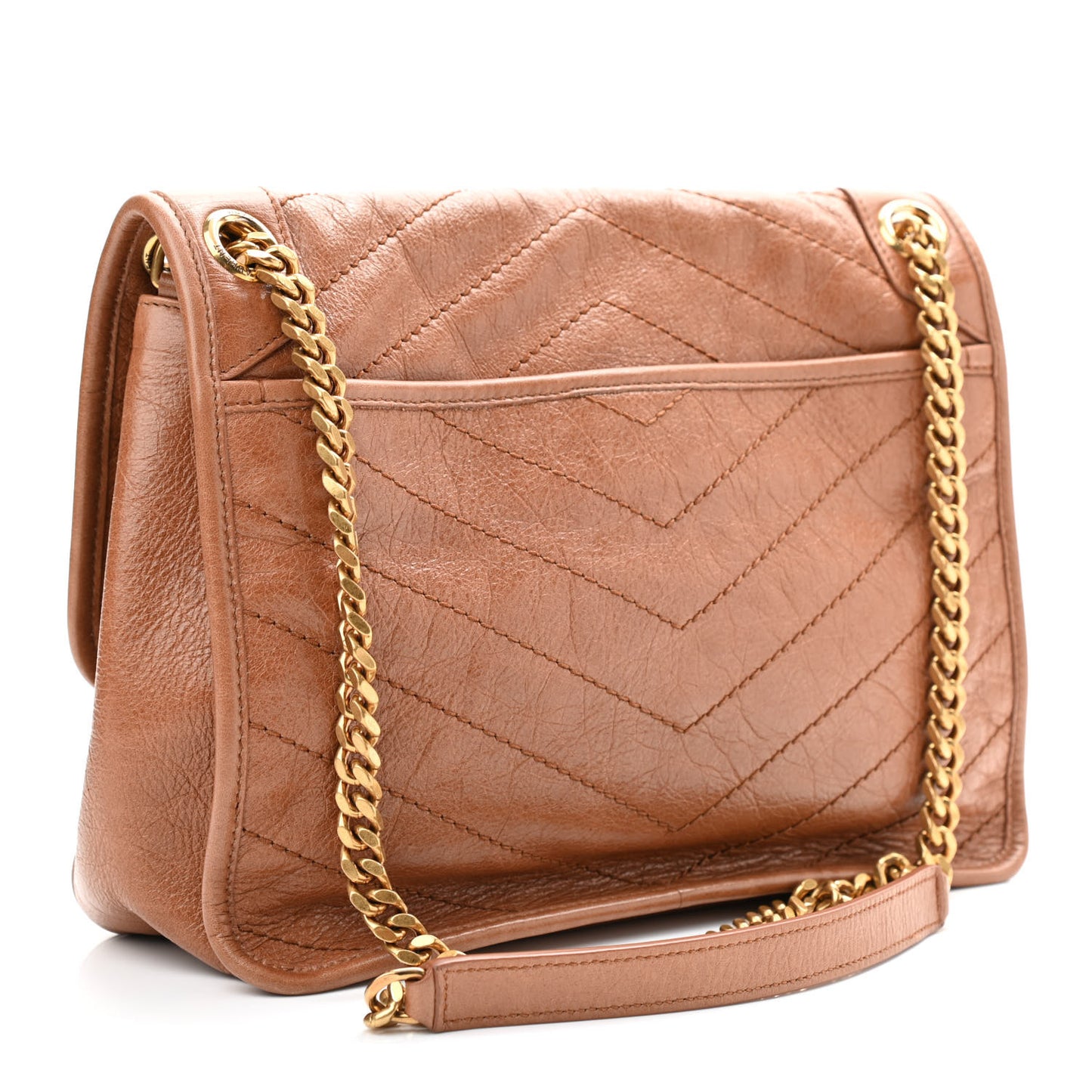 Crinkled Calfskin Matelasse Monogram Medium Niki Chain Satchel Caramel