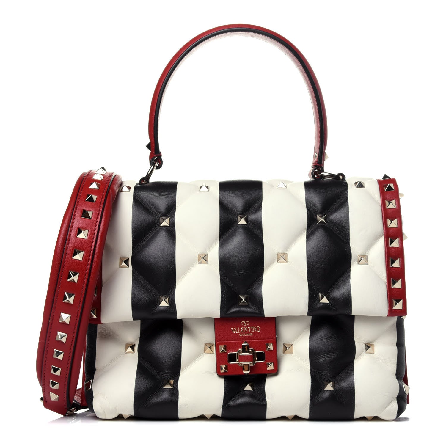 Valentino Garavani Nappa Striped Medium Candystud Top Handle Bag White Black 1 of 14