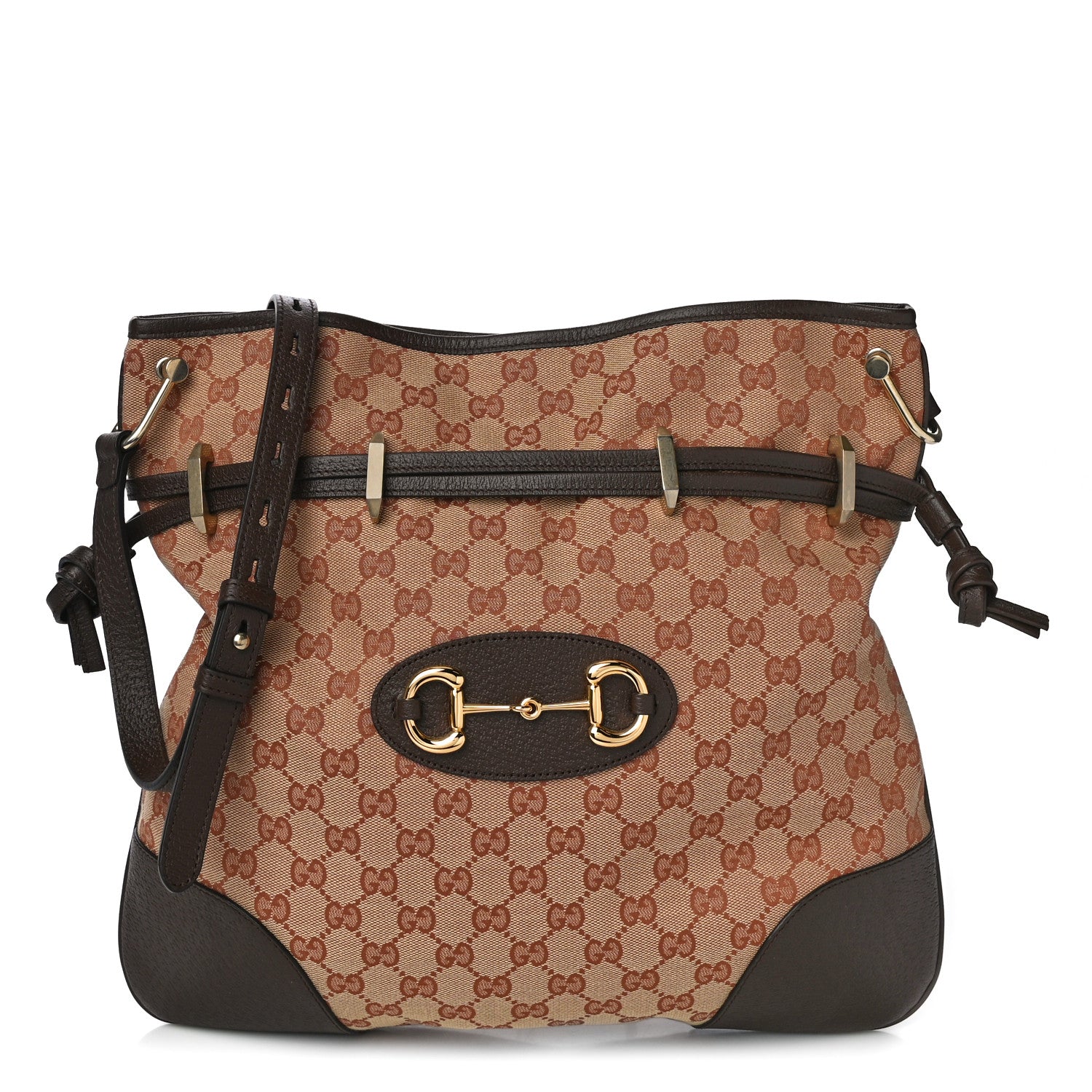 Gucci Monogram Textured Dollar Calfskin Horsebit 1955 Cinch Top Messenger Bag Beige Ebony Cocoa 1 of 11