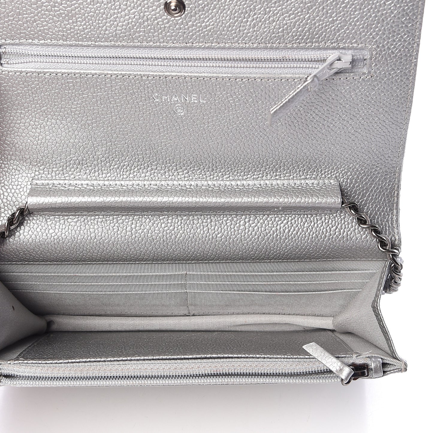 Metallic Caviar Quilted Wallet on Chain WOC Silver