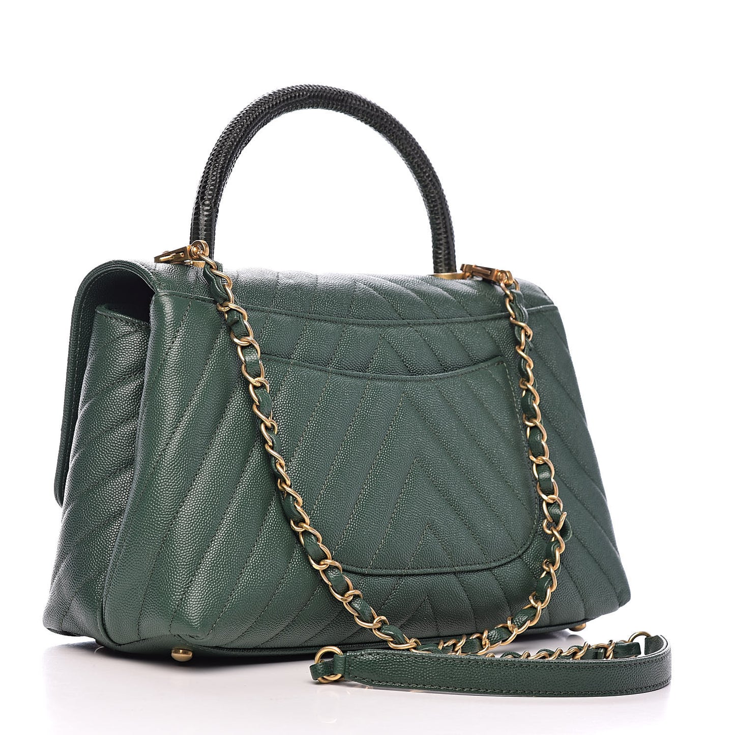Caviar Lizard Chevron Quilted Small Coco Handle Flap Green