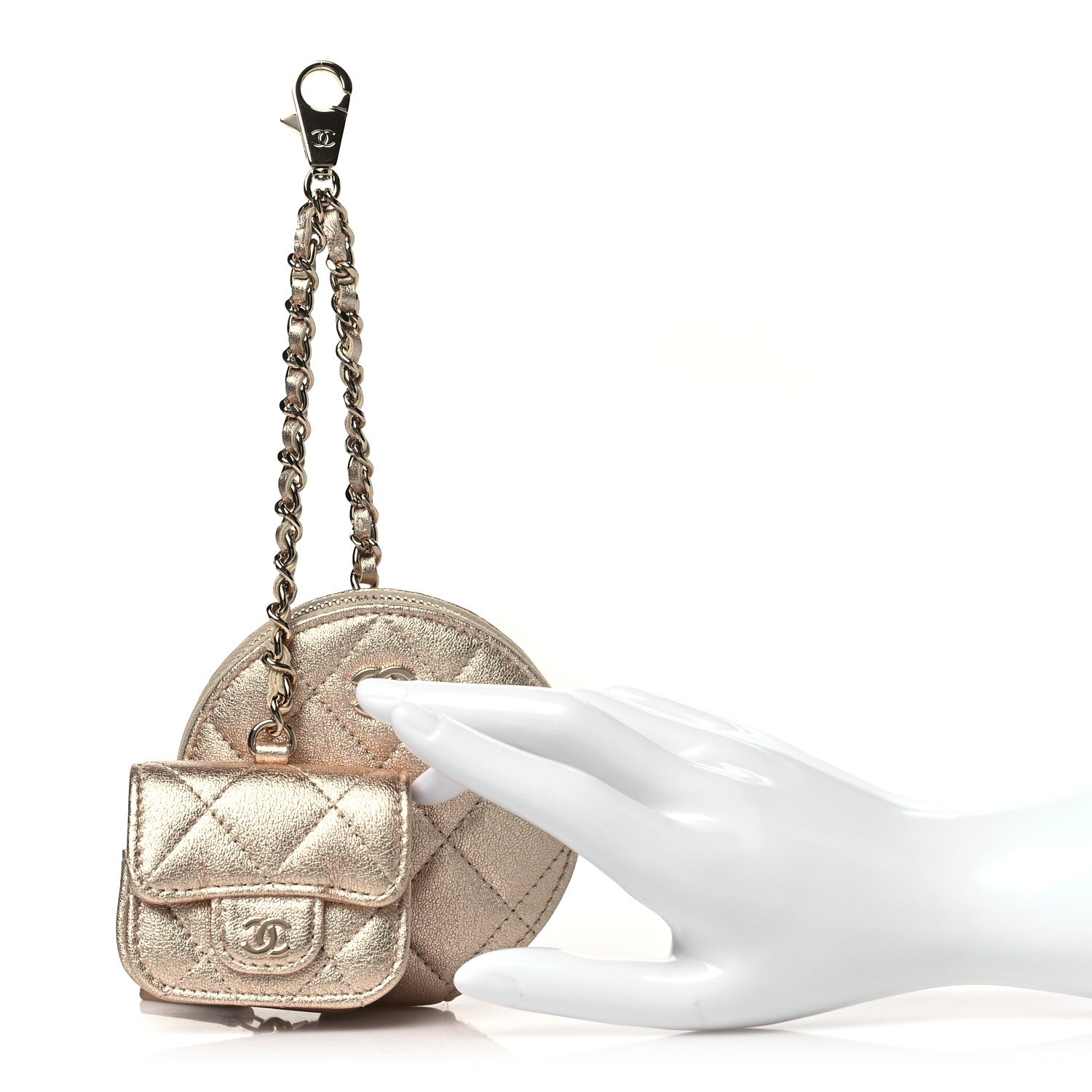 Chanel Metallic Lambskin Quilted Round Clip On Coin Purse Airpods Case Gold 2 of 12