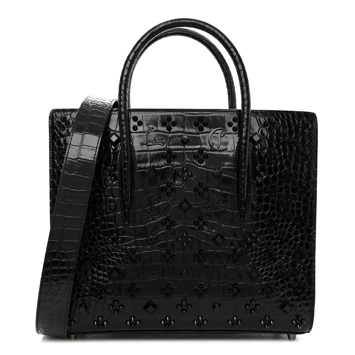 Christian Louboutin Calfskin Crocodile Embossed Studded Medium Paloma S Black 1 of 10