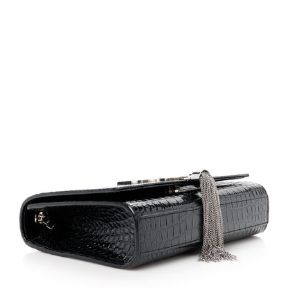 Saint Laurent Calfskin Crocodile Embossed Small Classic Monogram Kate Tassel Satchel Black 4 of 12