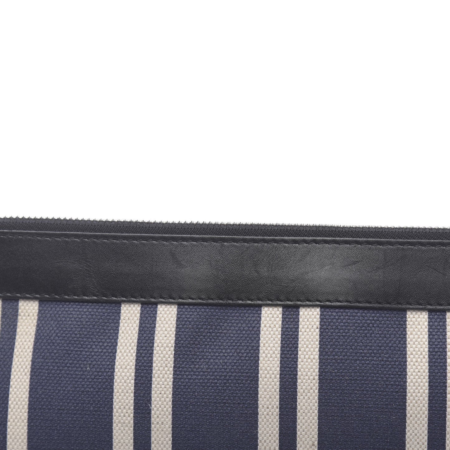 Calfskin Cotton Canvas Striped Logo Clutch Navy