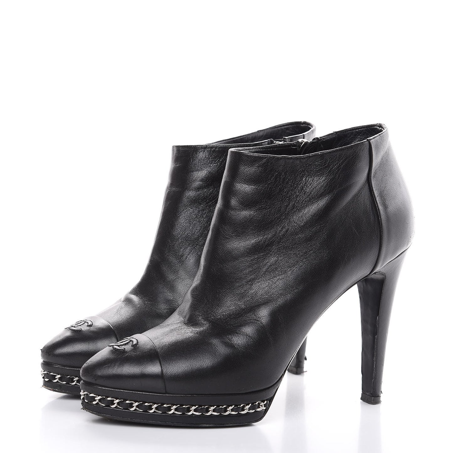 Lambskin CC Platform Cap Toe Chain Ankle Boots 38.5 Black