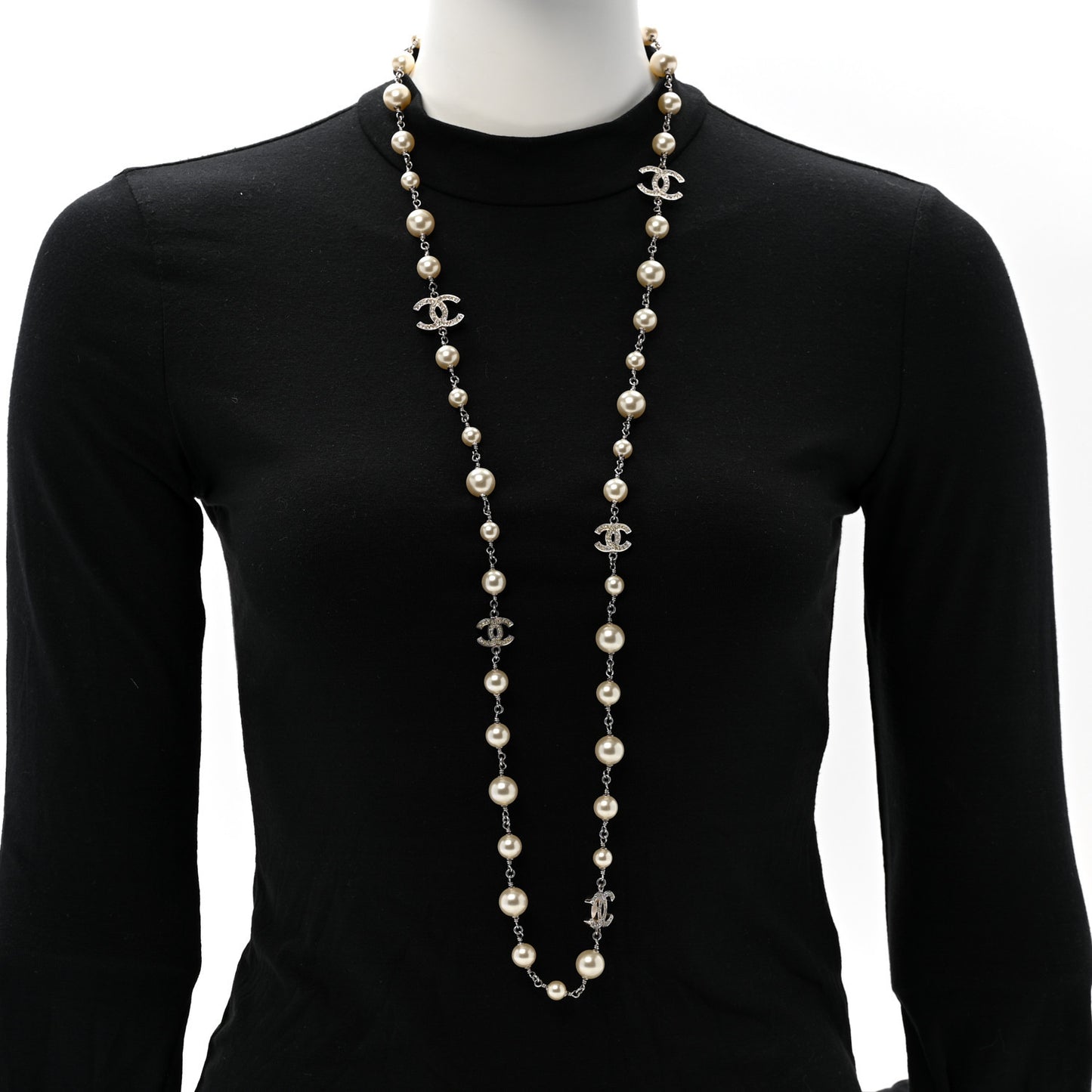 Crystal Pearl CC Long Necklace Silver