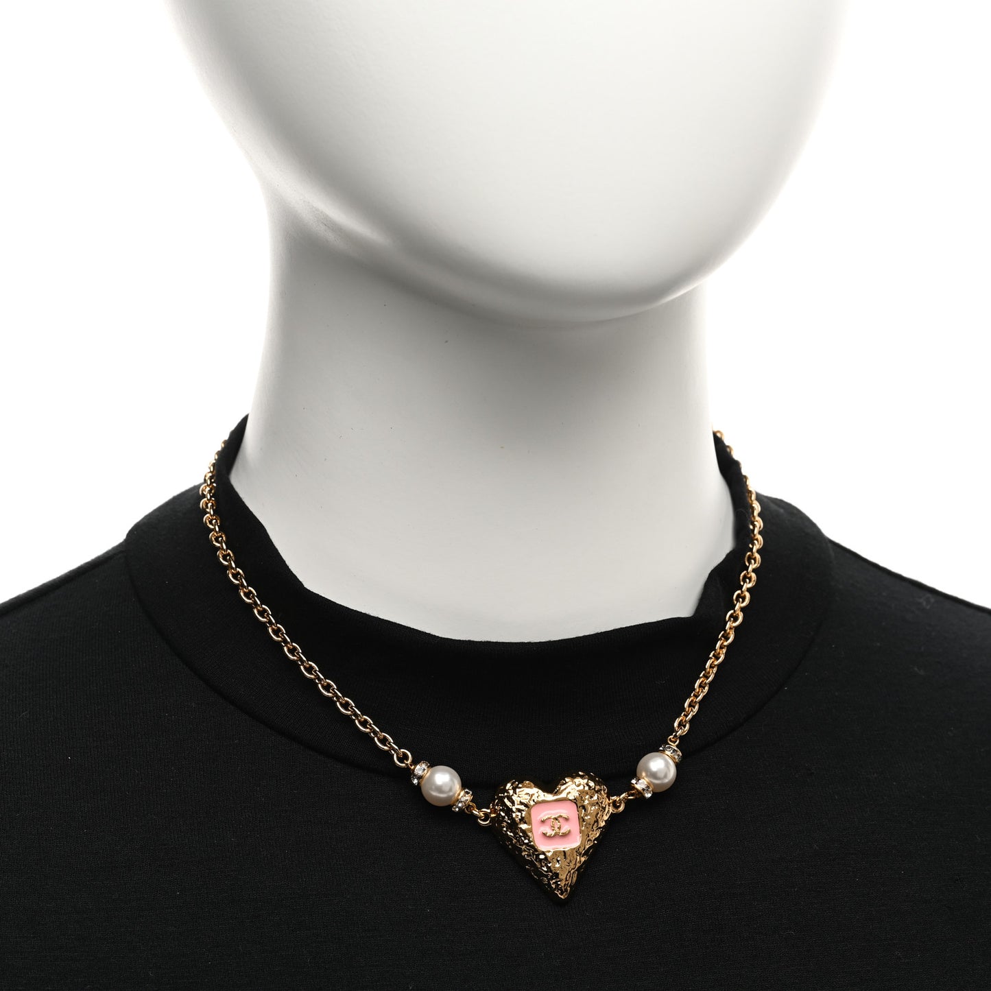 Resin Crystal Pearl Chain Heart CC Pendant Choker Necklace Pink White Gold