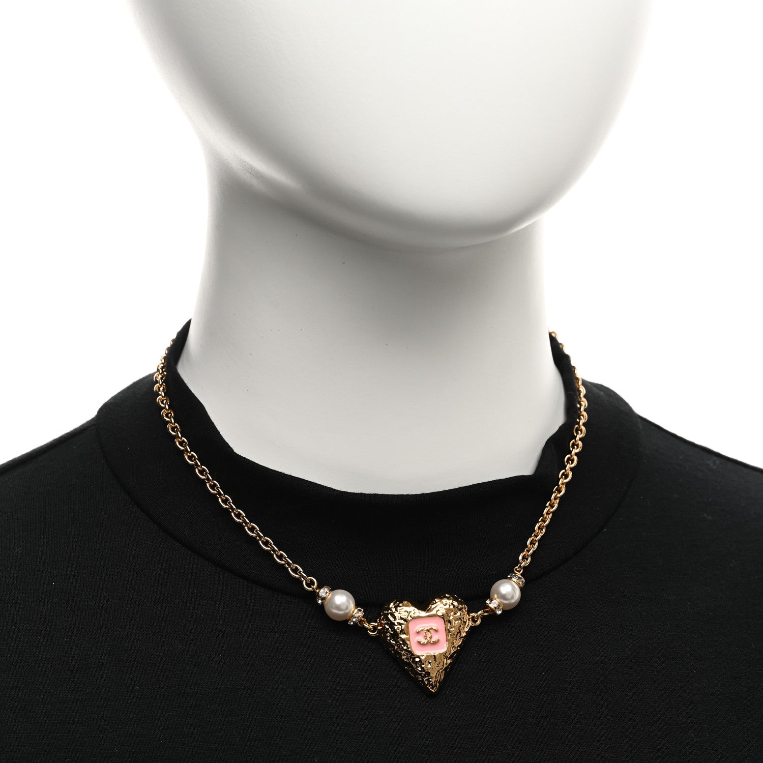 Chanel Resin Crystal Pearl Chain Heart CC Pendant Choker Necklace Pink White Gold 2 of 6