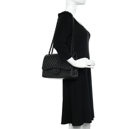 Chanel Lambskin Chevron Quilted Jumbo Double Flap So Black 2 of 13