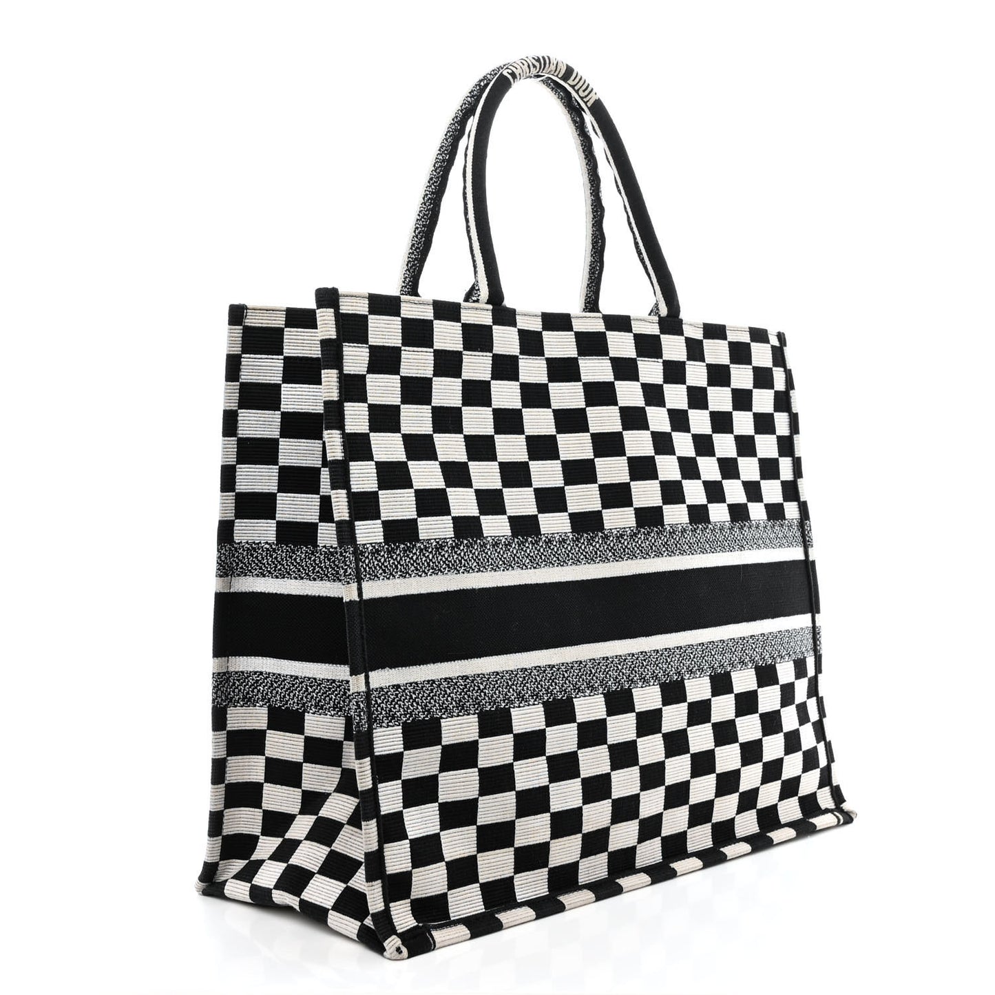 Canvas Embroidered Checkered Book Tote Black White