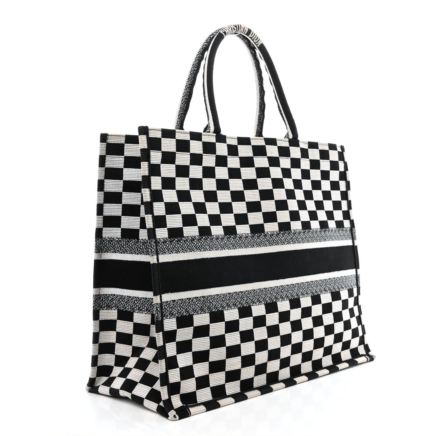 Christian Dior Canvas Embroidered Checkered Book Tote Black White 3 of 11