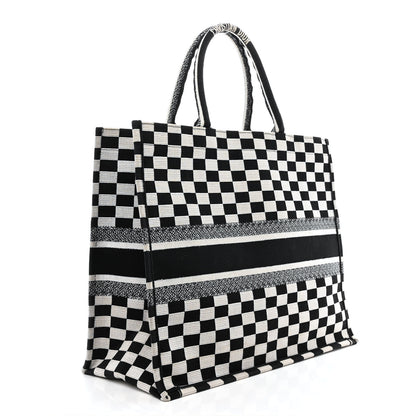 Christian Dior Canvas Embroidered Checkered Book Tote Black White 3 of 11