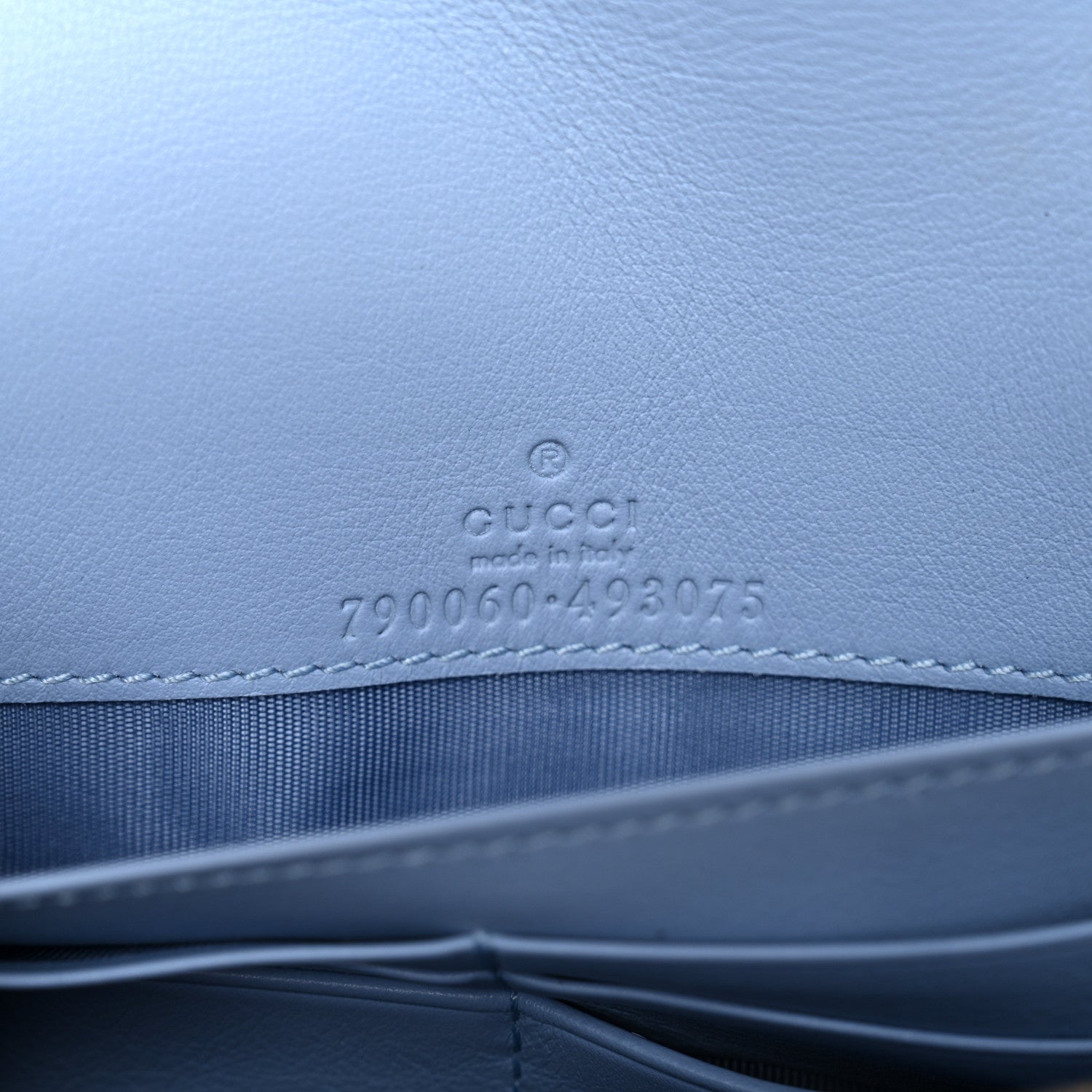 Gucci GG Supreme Monogram Textured Dollar Calfskin Mini GG Marmont Chain Wallet Light Pink Blue Beige 6 of 9