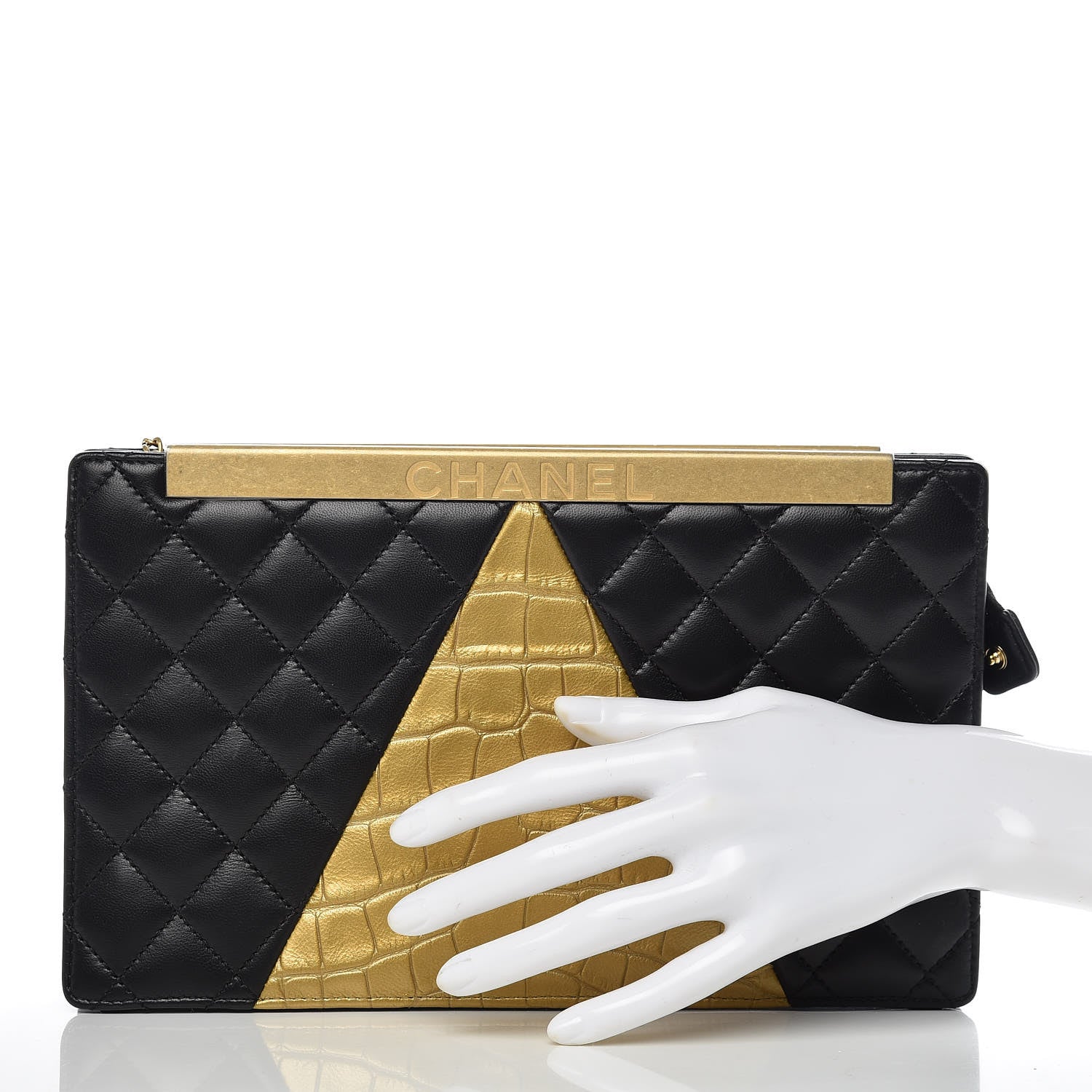 Chanel Lambskin Metallic Calfskin Crocodile Embossed Clutch Black Gold 2 of 9