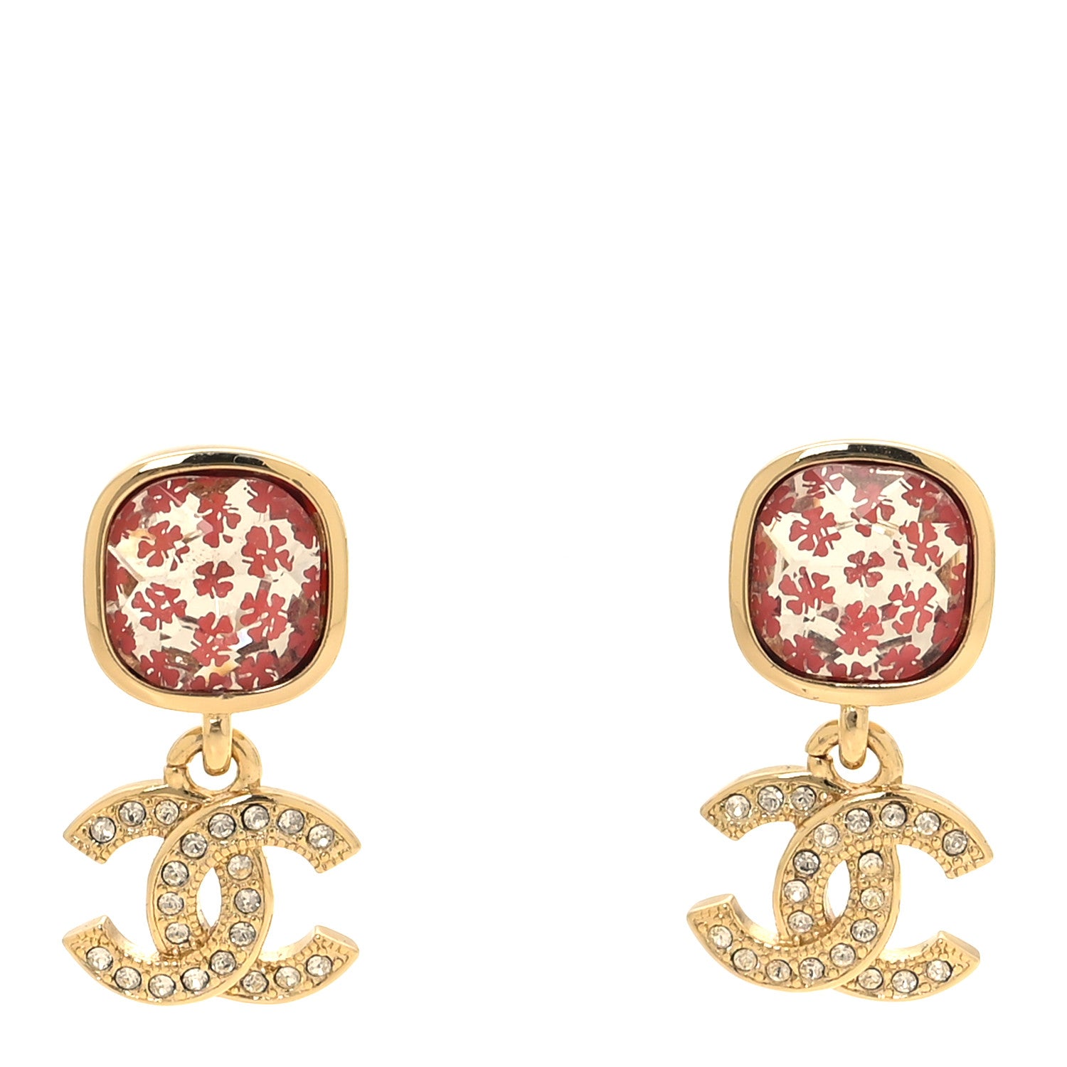 Chanel Crystal Printed CC Drop Earrings Gold Pink 1 of 5