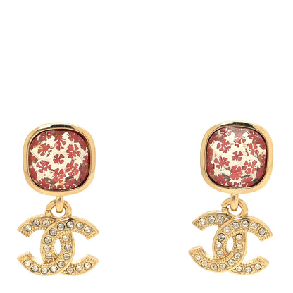 Chanel Crystal Printed CC Drop Earrings Gold Pink 1 of 5