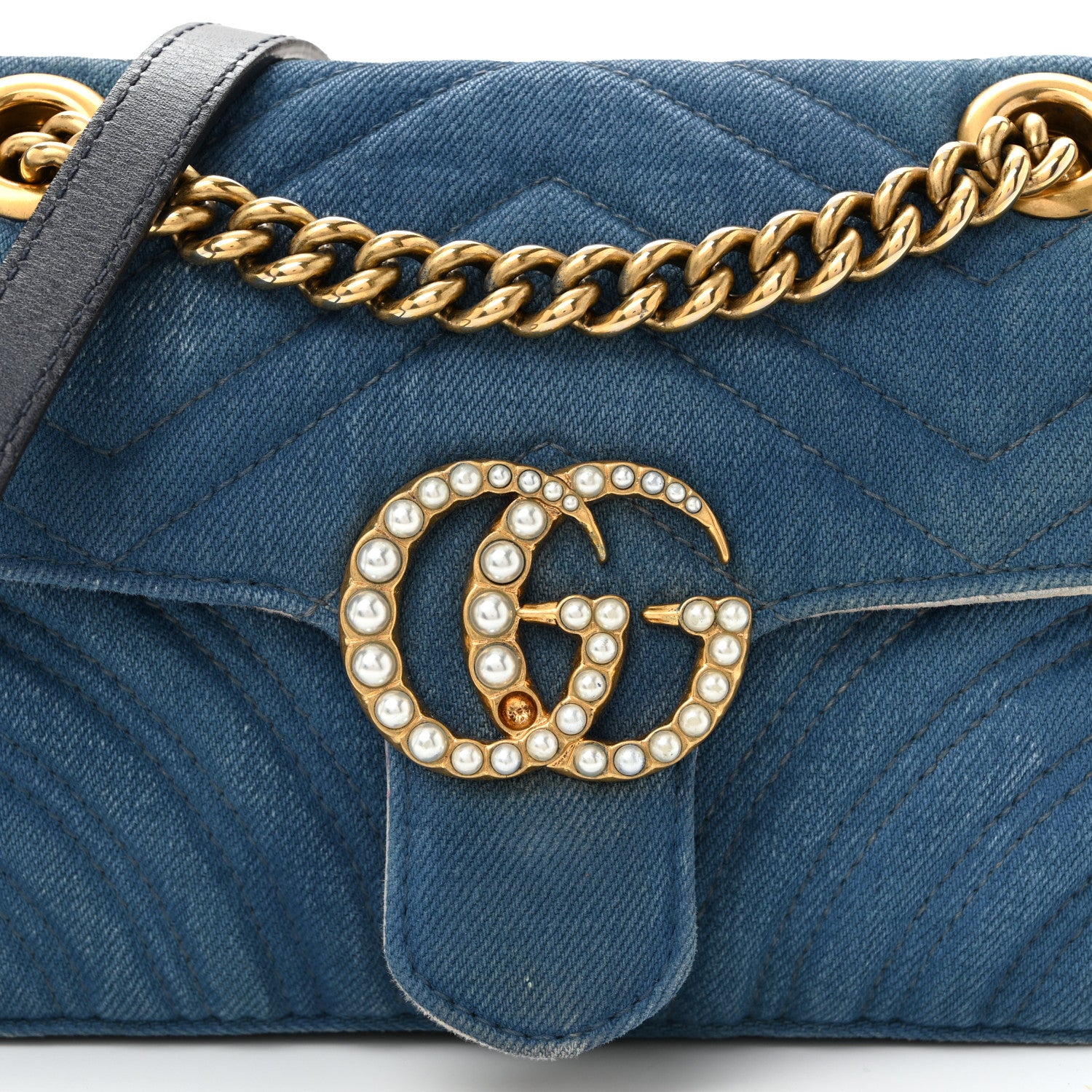 Gucci Denim Matelasse Mini Pearly GG Marmont Shoulder Bag Blue 24 of 31