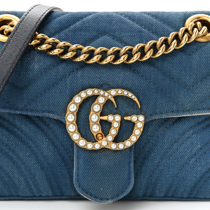 Gucci Denim Matelasse Mini Pearly GG Marmont Shoulder Bag Blue 24 of 31