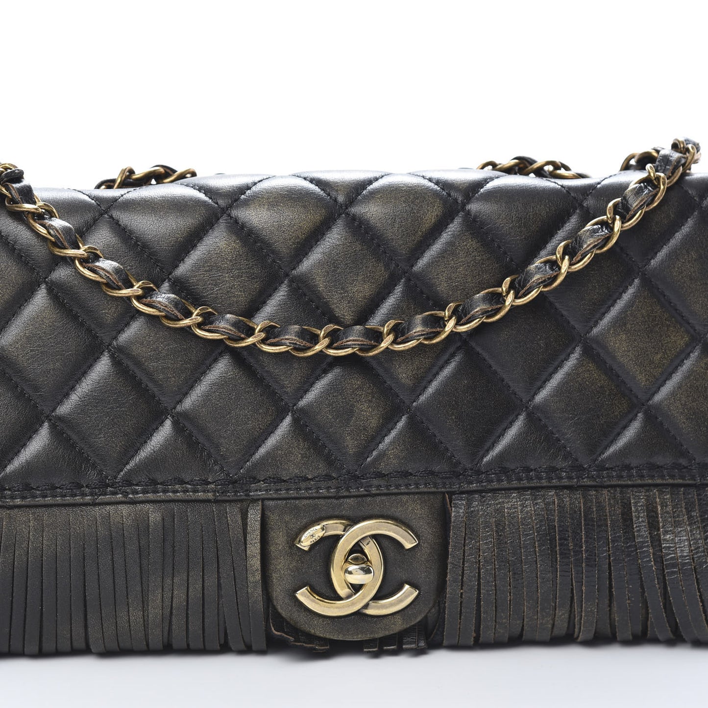 Metallic Calfskin Quilted Large Into The Fringe Flap Black