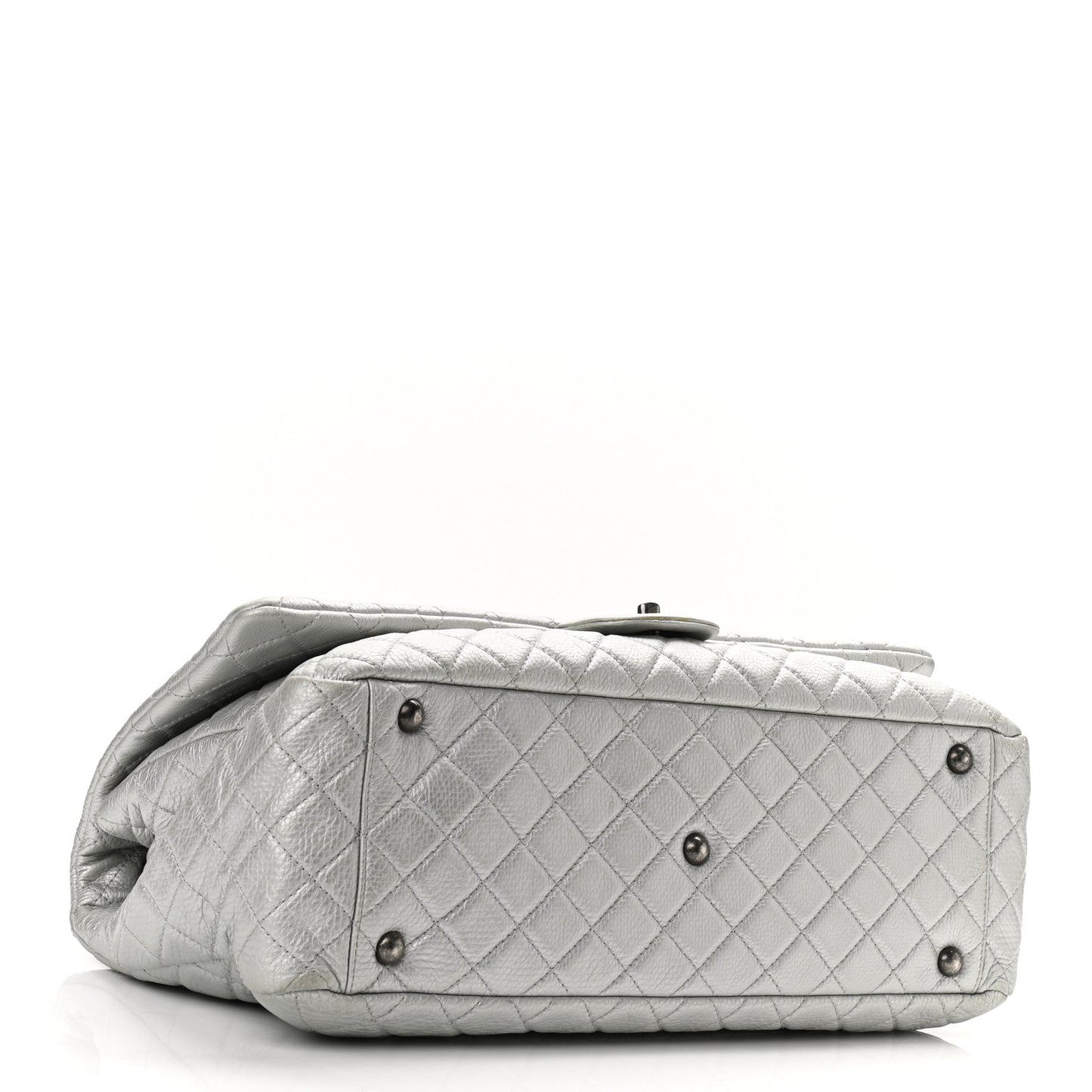 Metallic Calfskin Quilted XXL Travel Flap Bag Silver