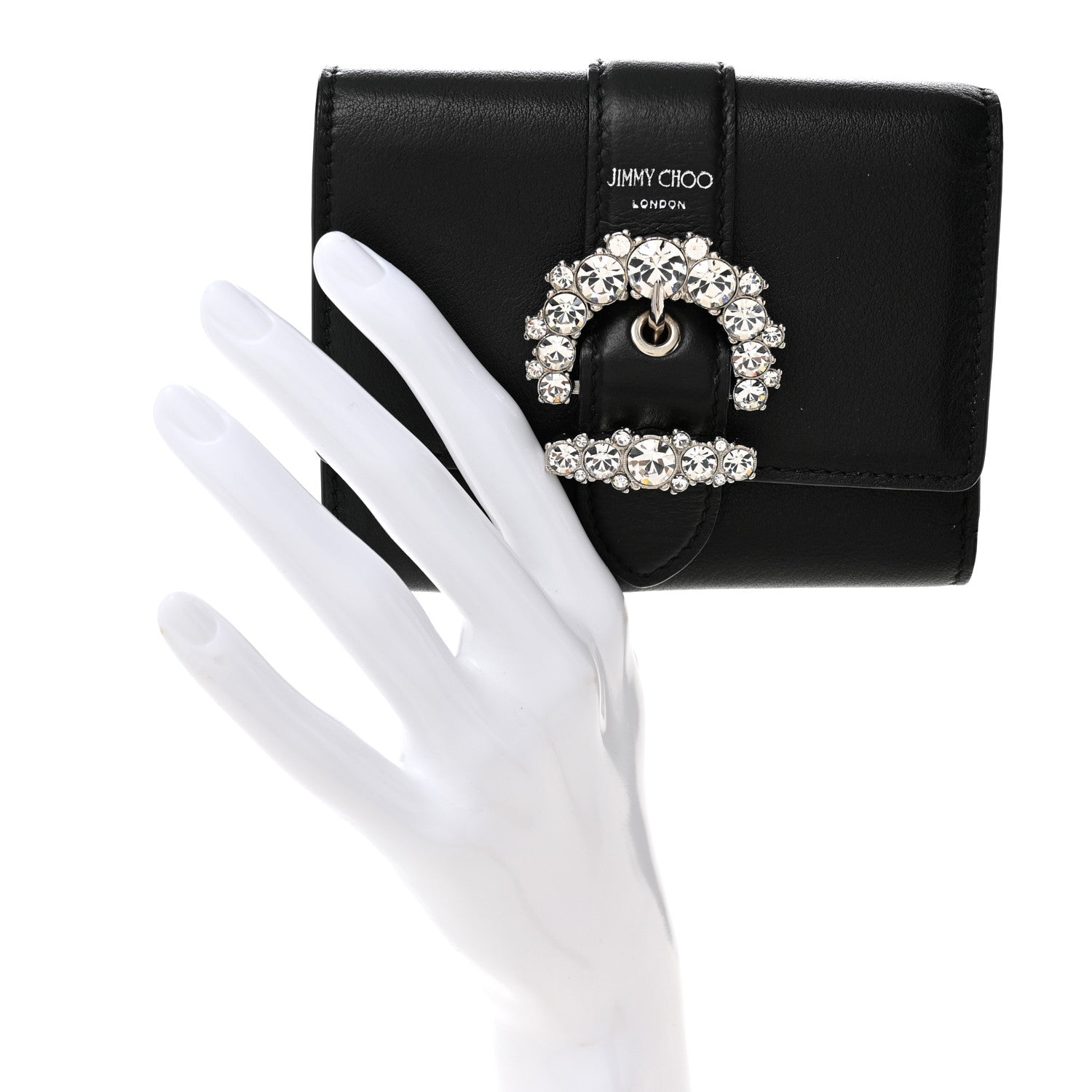 Jimmy Choo Calfskin Crystal Cheri Compact Wallet Black 2 of 7