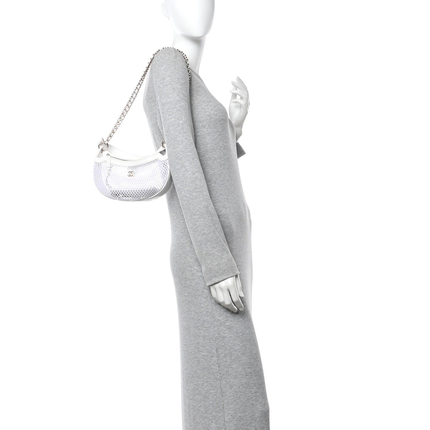 Mesh Shiny Lambskin Chain Hobo White
